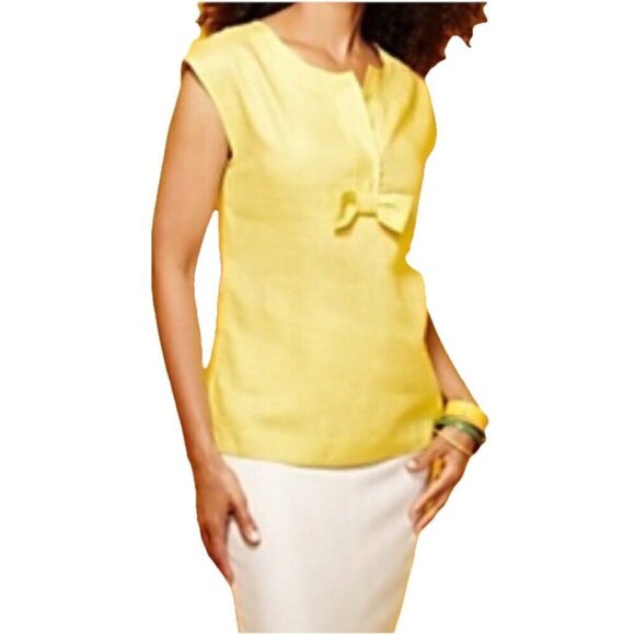 Talbots Sleeveless 100% Linen Top Size 4 Dandelion Yellow Bow Accent Split Neck - Picture 2 of 9